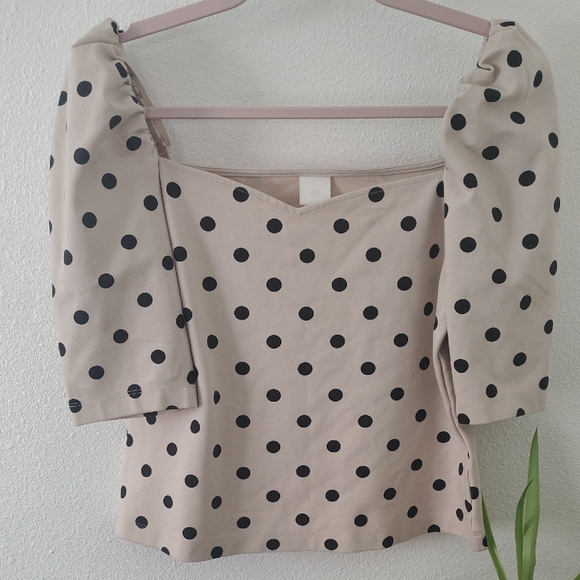 H&M Cream Polka Dot Square-Neck Puff Sleeve Crop Top - Picture 2 of 9